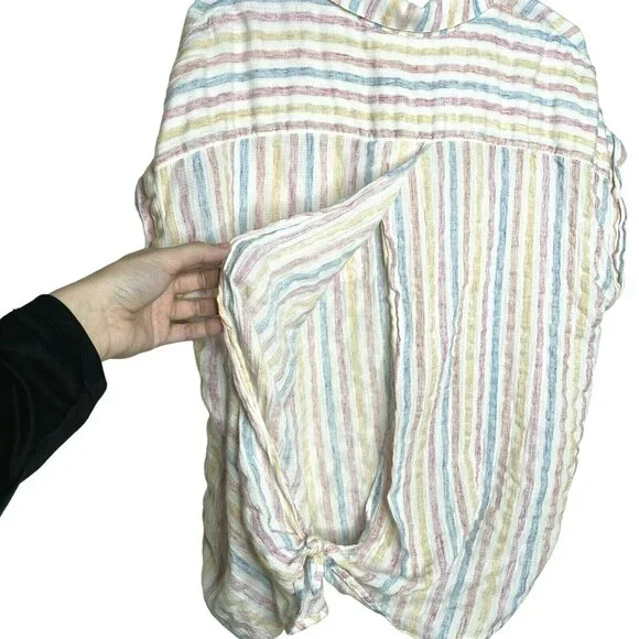 LUCKY BRAND Wms Sz L Pastel Stripe Tie Wrap Back Short Sleeve Top Blouse 7W45351 - Picture 7 of 11